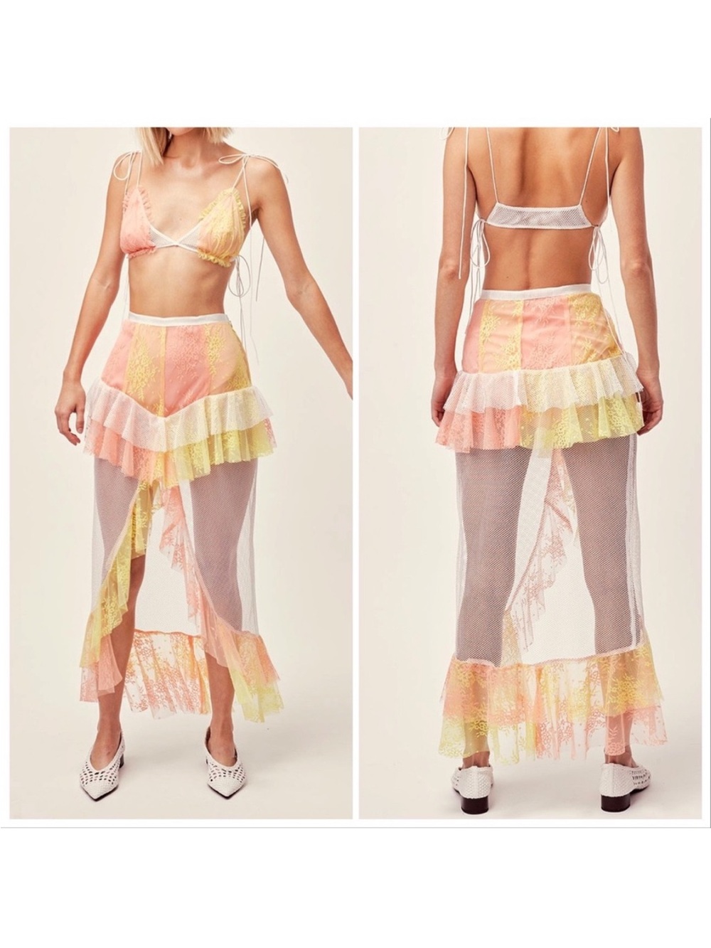 Sheer Ruffle Maxi Skirt in Peach & Yellow